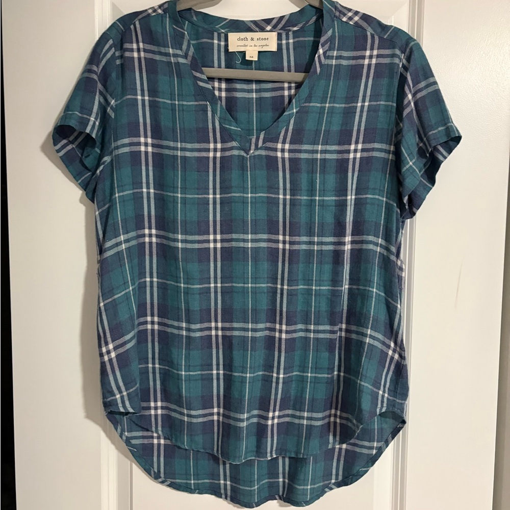 Cloth & Stone Teal Plaid Blouse size medium